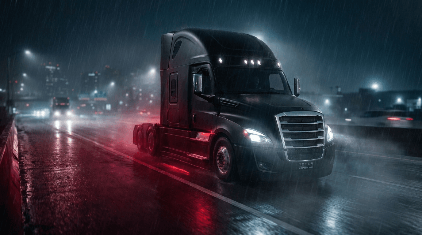 Matte black Caldris semi truck driving through rain at night with crimson lighting