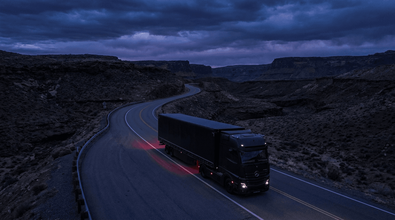 Aerial view of a matte black semi truck on an open highway at blue hour